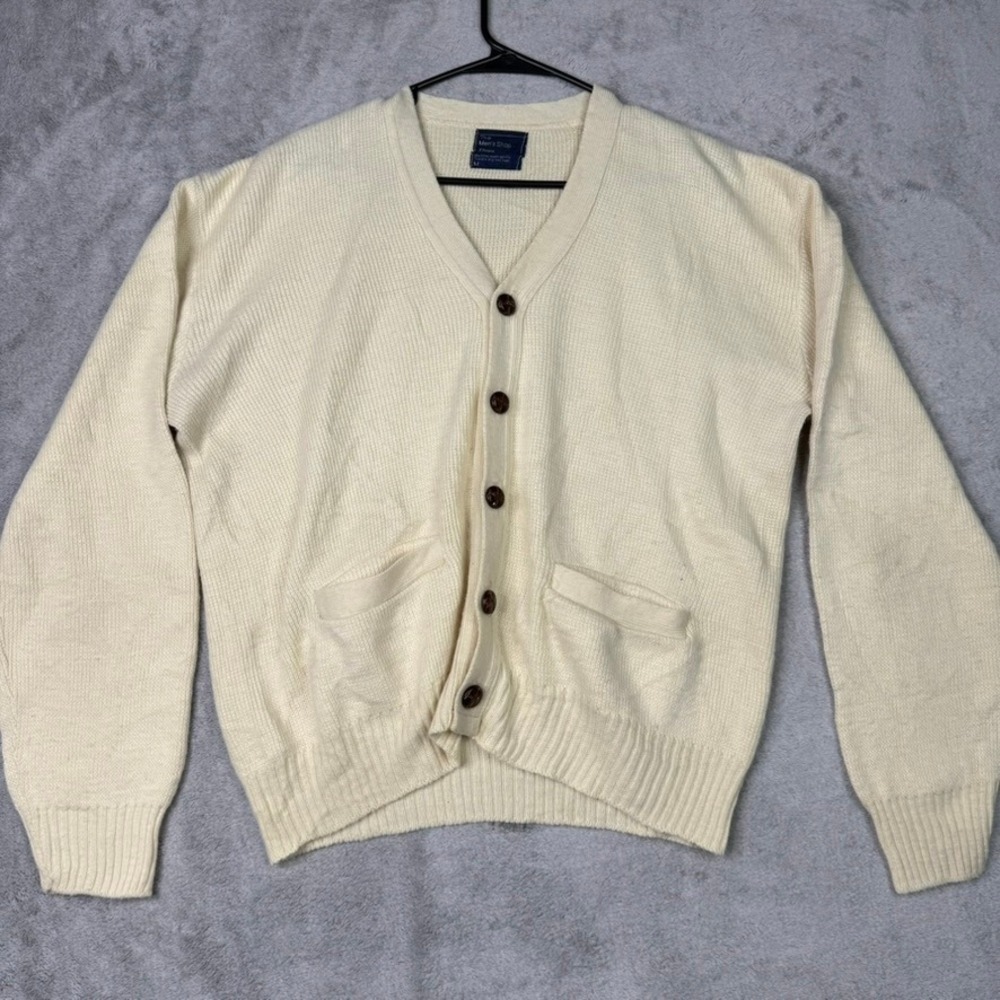 The Mens Shop JCPenney Cream Knit Cardigan Sweater V-Neck Button Pockets Size M